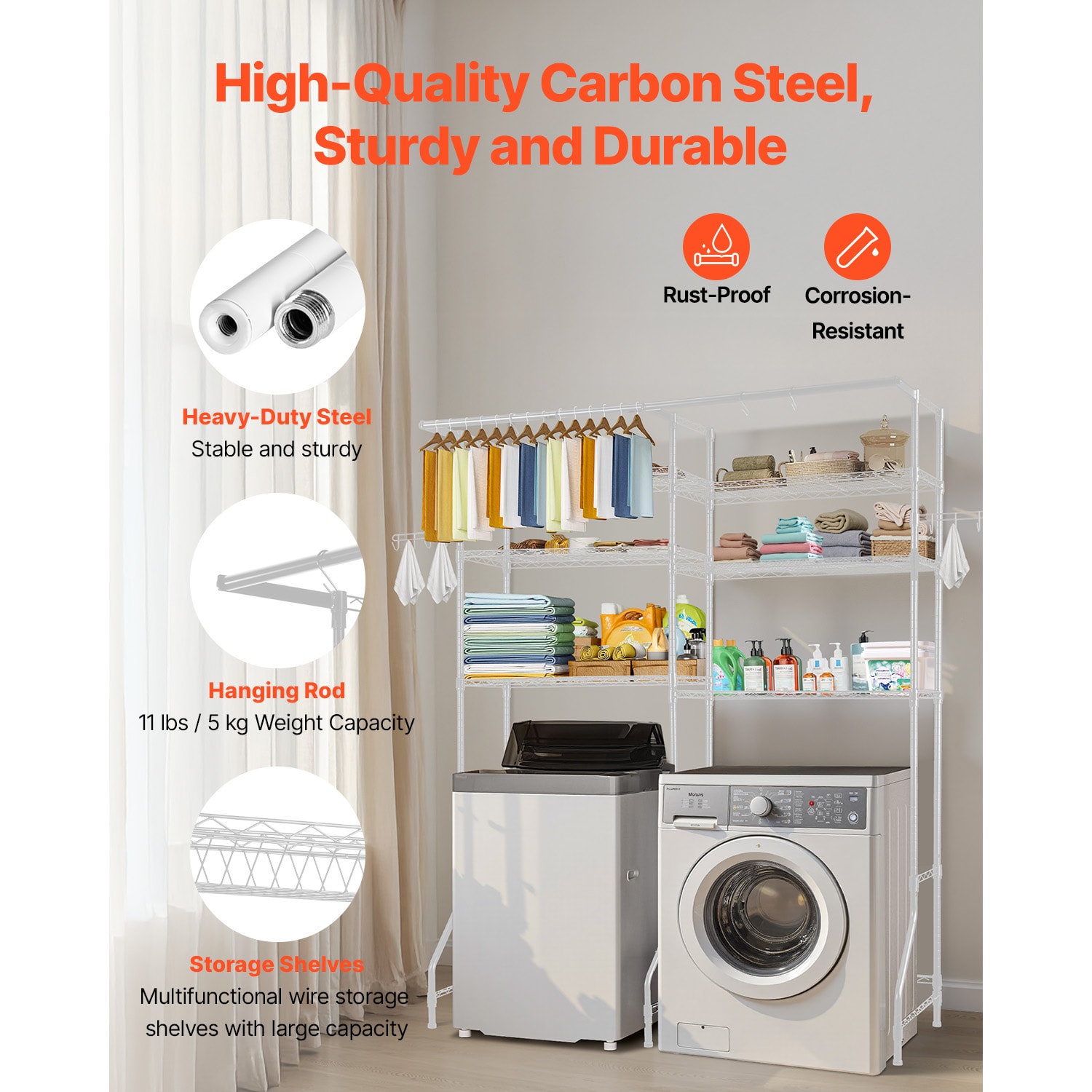 Laundry Room Storage Shelf With Hanging Rail And Hooks White_voghion.com